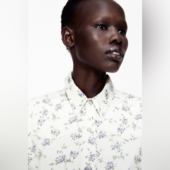 ZARA Beautiful Floral Top Long Sleeves Quilted Yoke Snap Closure Women’s Size M - Picture 3 of 12